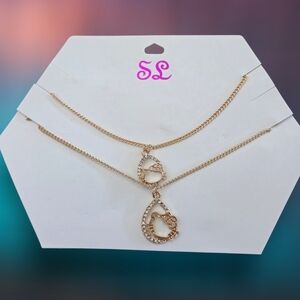 Gold-Tone Double Layer Necklace with Crystal Teardrop and Hello Kitty